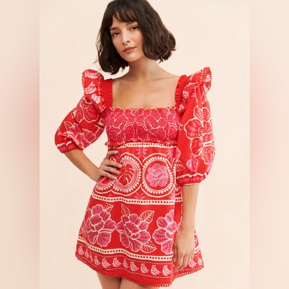 FARM Rio Dresses & Skirts - FARM Rio Red Summer Sunrise Organic Cotton Mini Dress Size Small flaw